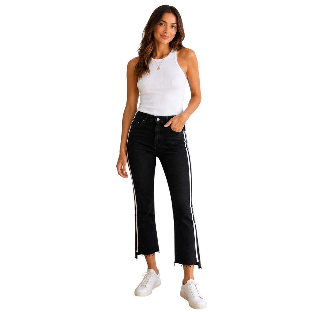 MOTHER Insider Crop Step Fray Jeans in Guilty Racer Black Side Stripe 25